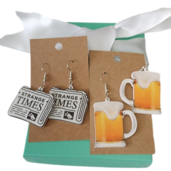 fun + funky Jewelry - Strange Times Newspaper + Frosty Beer Mug Earrings, set of 2
